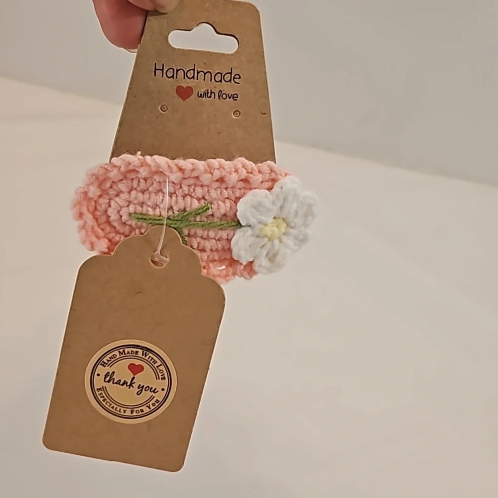 Hand Crafted Crochet Snap Hair Clip Pink and white Flower handmade embroidery